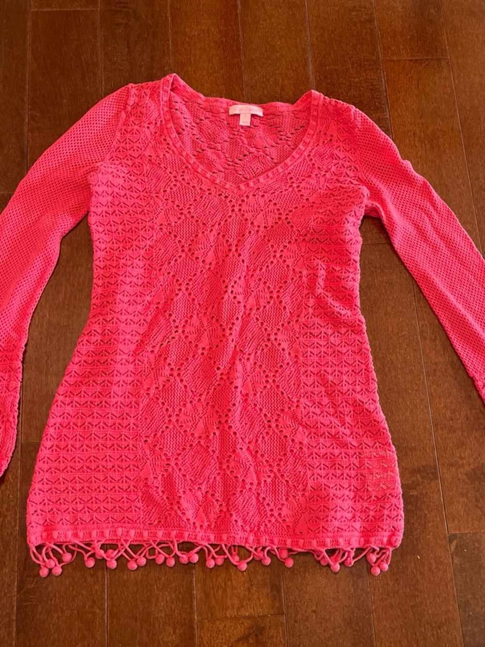 Lilly Pulitzer Hot Pink Crochet V-Neck Long Sleeve Top
